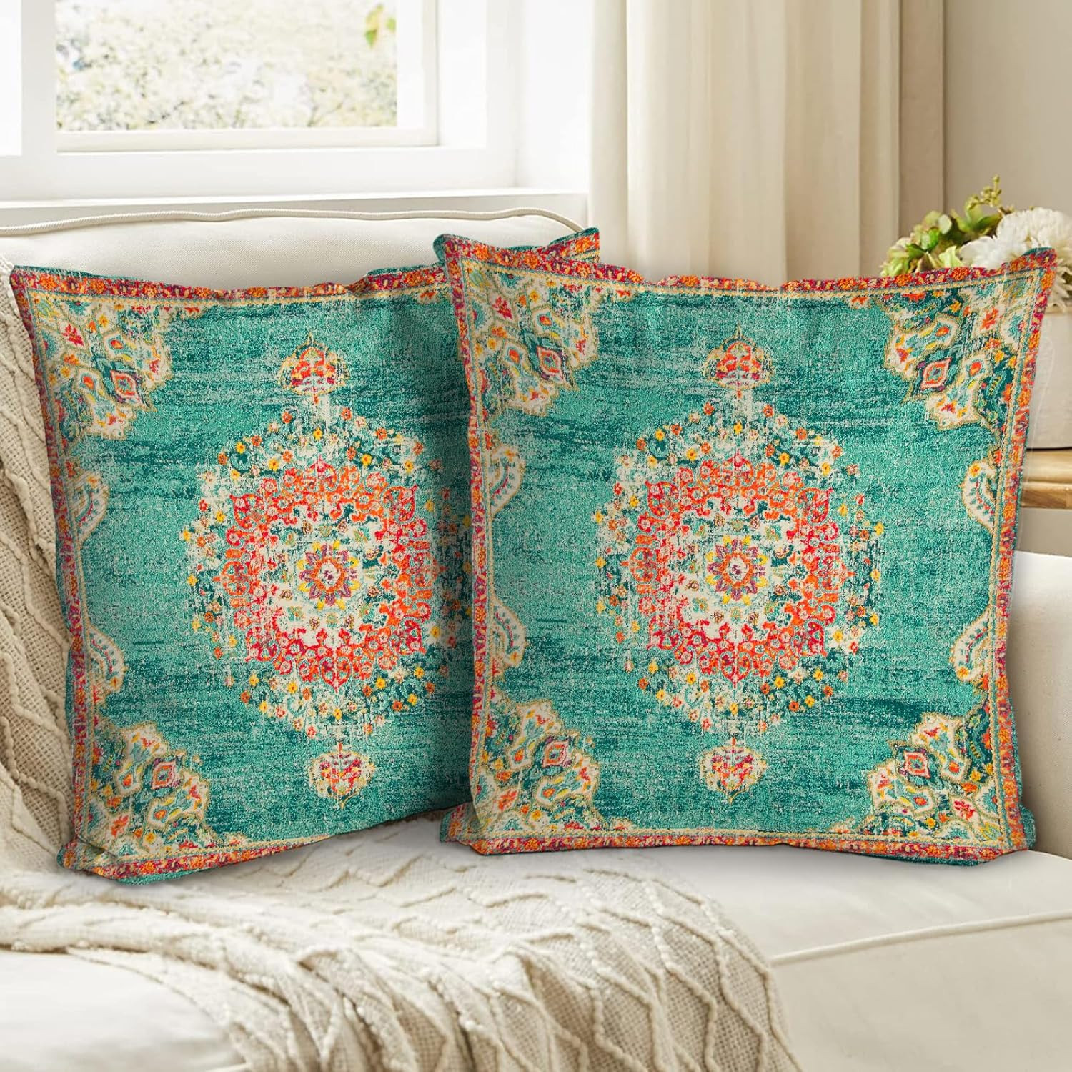 Boho Throw Pillow Covers 16x16 inch Set of 2,Bohemian Vintage Carpet Pattern Ant