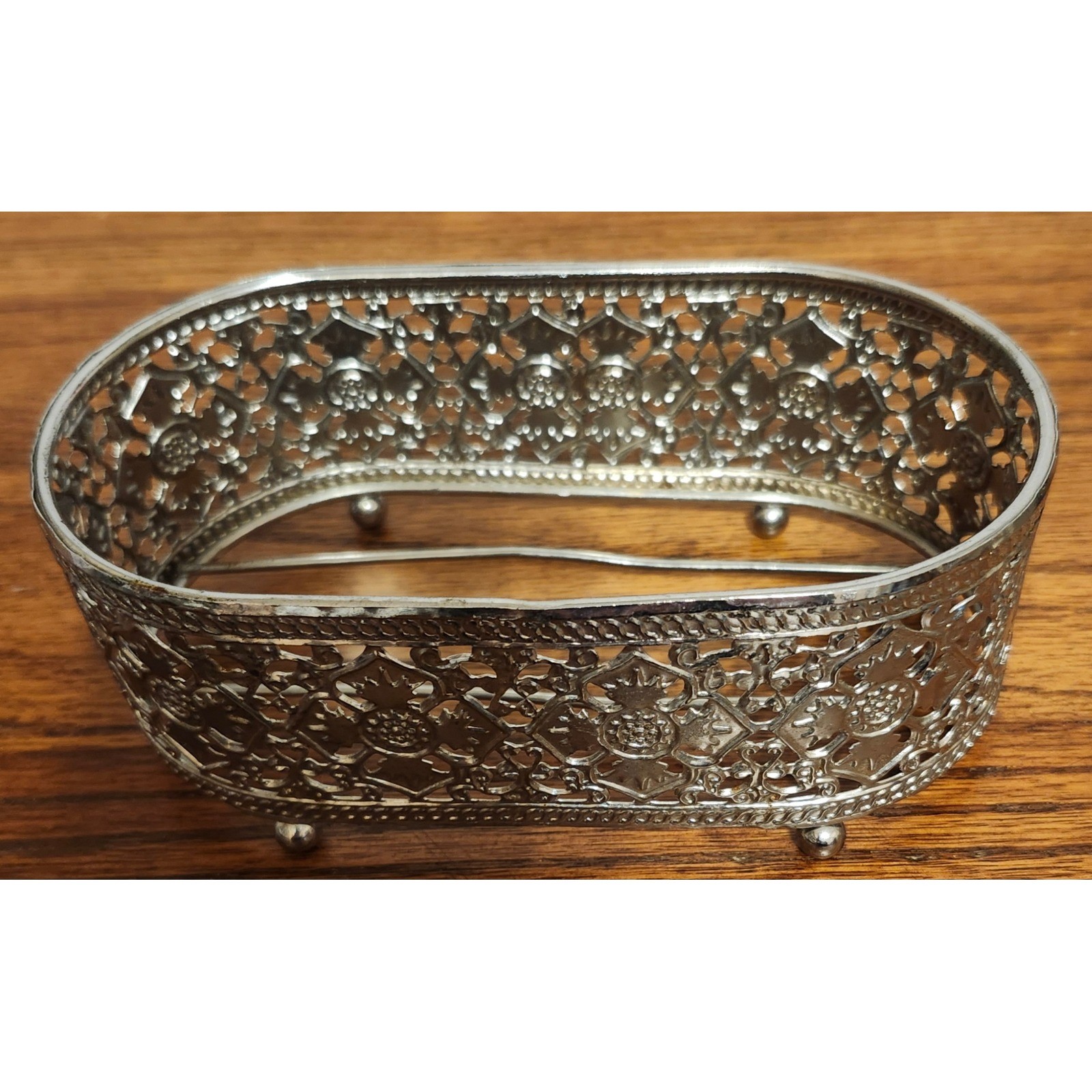 Vintage Silver Tone Filigree Oval Basket Decorative Metal Vanity Caddy 6 Inch