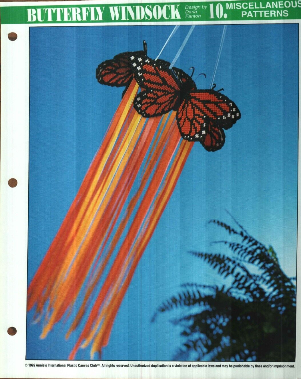 NEW BUTTERFLY WINDSOCK HOME DECOR ANNIE'S PLASTIC CANVAS PATTERN INSTRUCTIONS