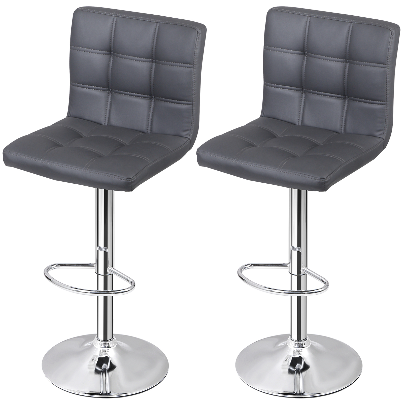 Set of 2 Adjustable Bar Stools PU Leather Modern Dinning Chair Metal w/Back Gray