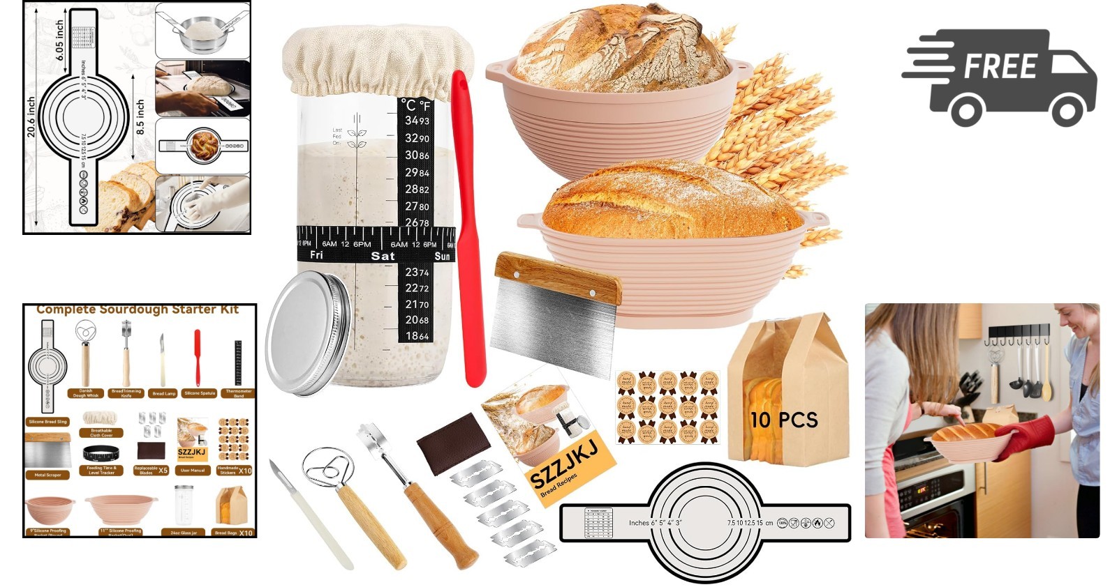 Sourdough Starter Kit Bread Proofing Baskets Scrapers Lame 24pcs
