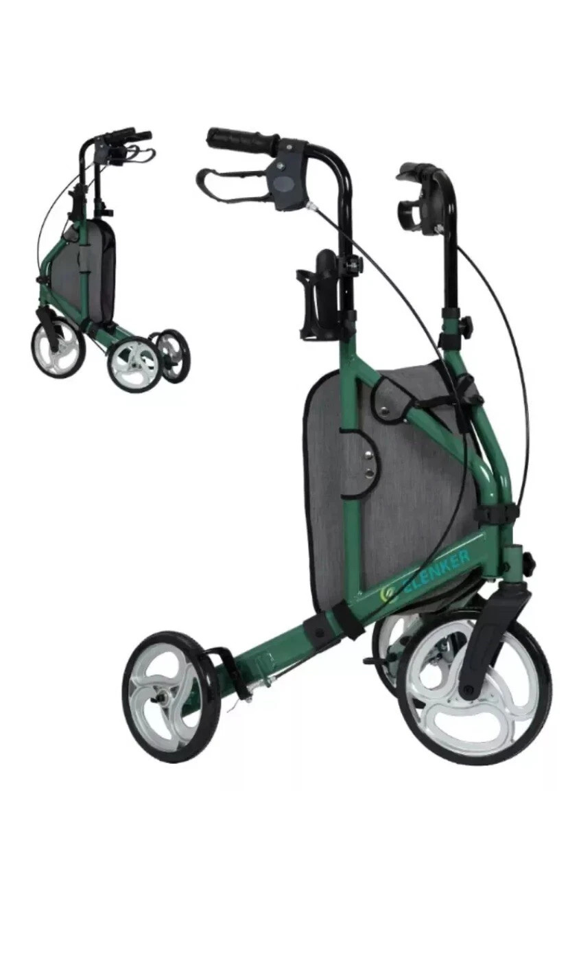 GREEN - ELENKER 3 WHEEL ROLLATOR WALKER FOR SENIORS, WITH 10" FRONT WHEEL