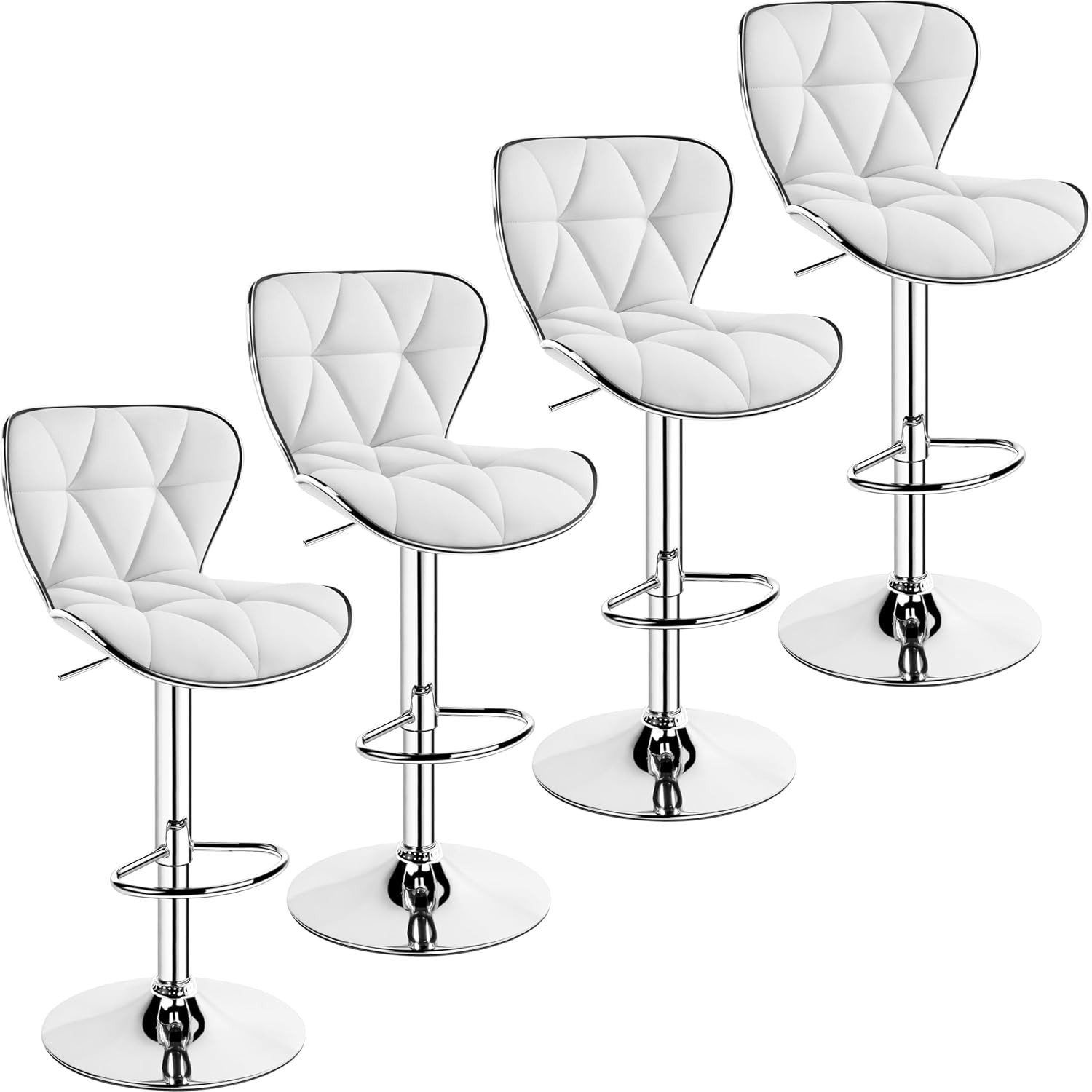 Set of 4 Adjustable White PU Leather Swivel Bar Stools with Footrest