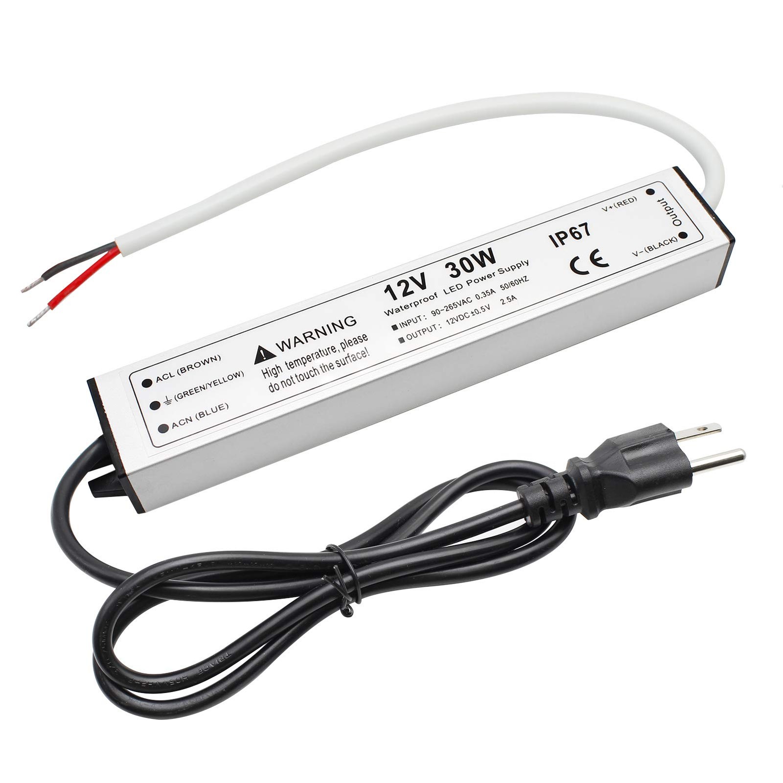 12V 30W LED Power Supply IP67 Waterproof Driver, 110V AC to DC Converter, 2.5A