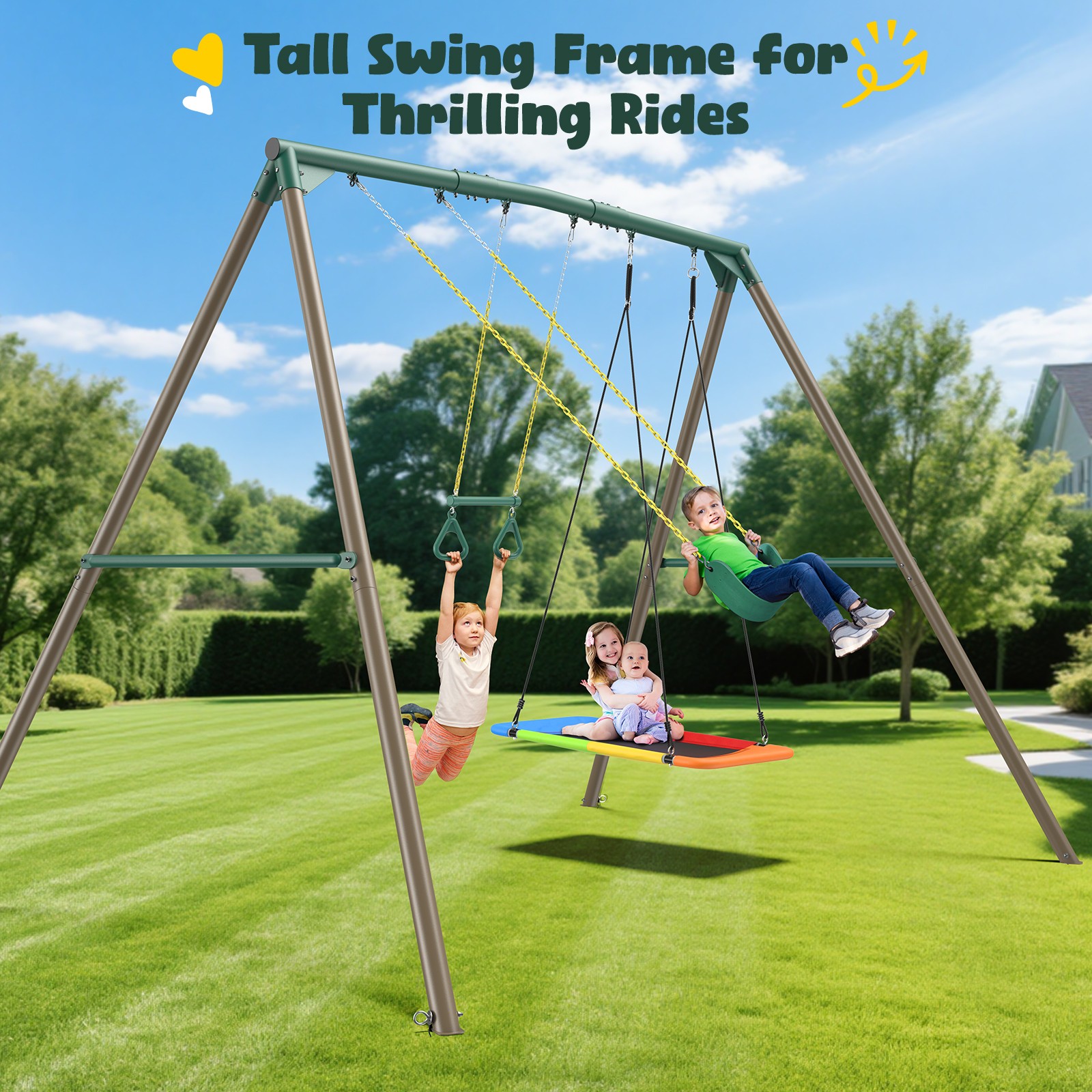 Hapfan 9.5ft Tall Heavy Duty Metal Swing Set with 3 Swings Kids Adult Swing Set