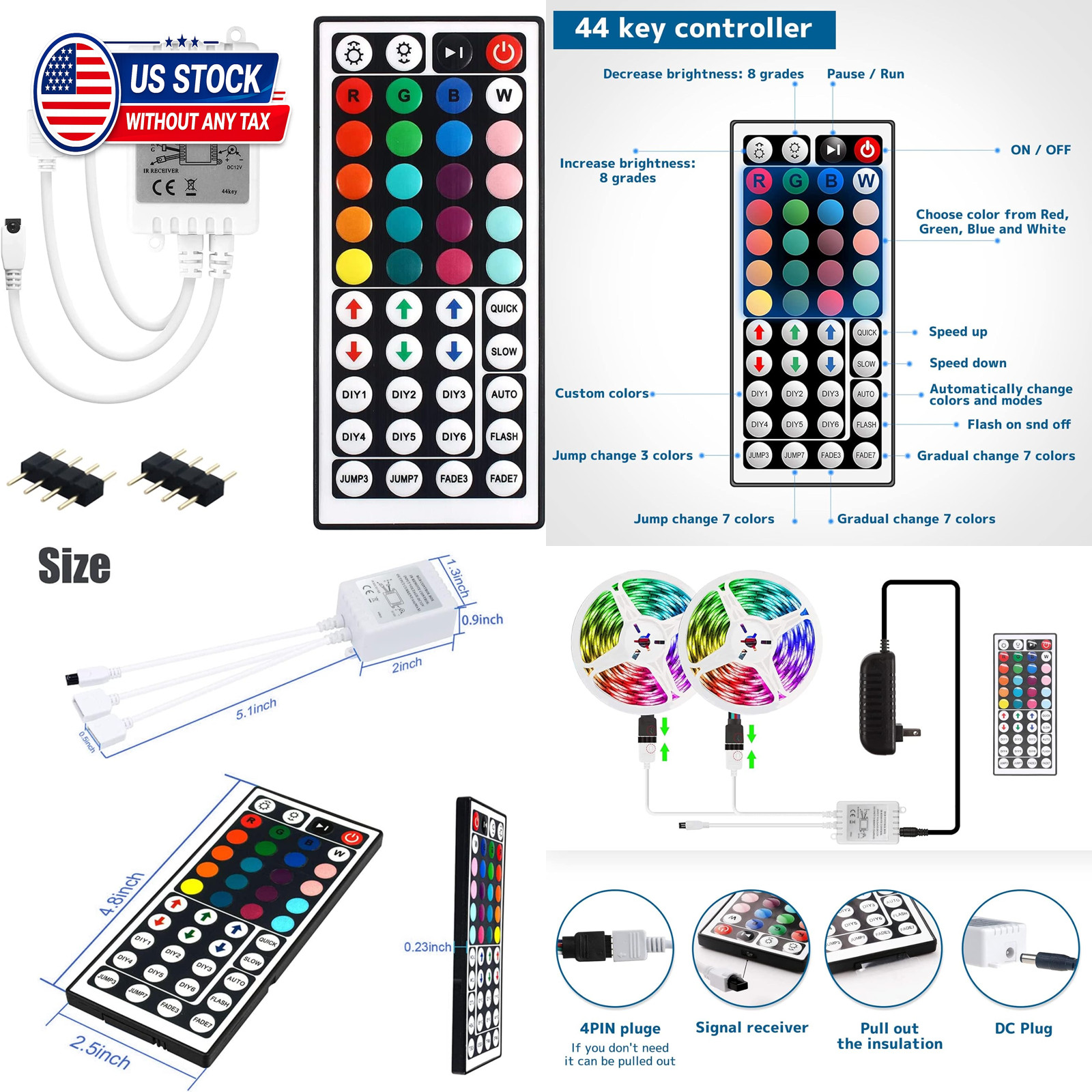 Dual Outputs RGB LED Controller 44 Keys IR Remote 4 Pin 2 Ports for 5050 3528