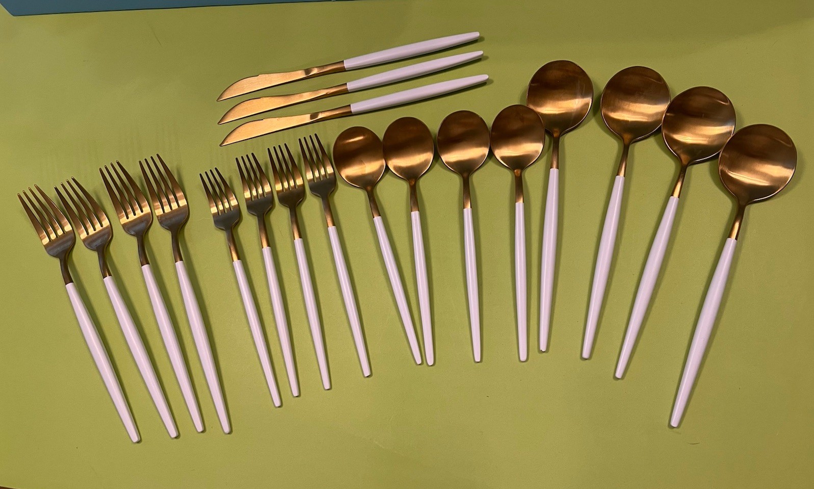 Possibly Gugrida Matte Gold/ white Flatware Setting For Four Minus One Knife