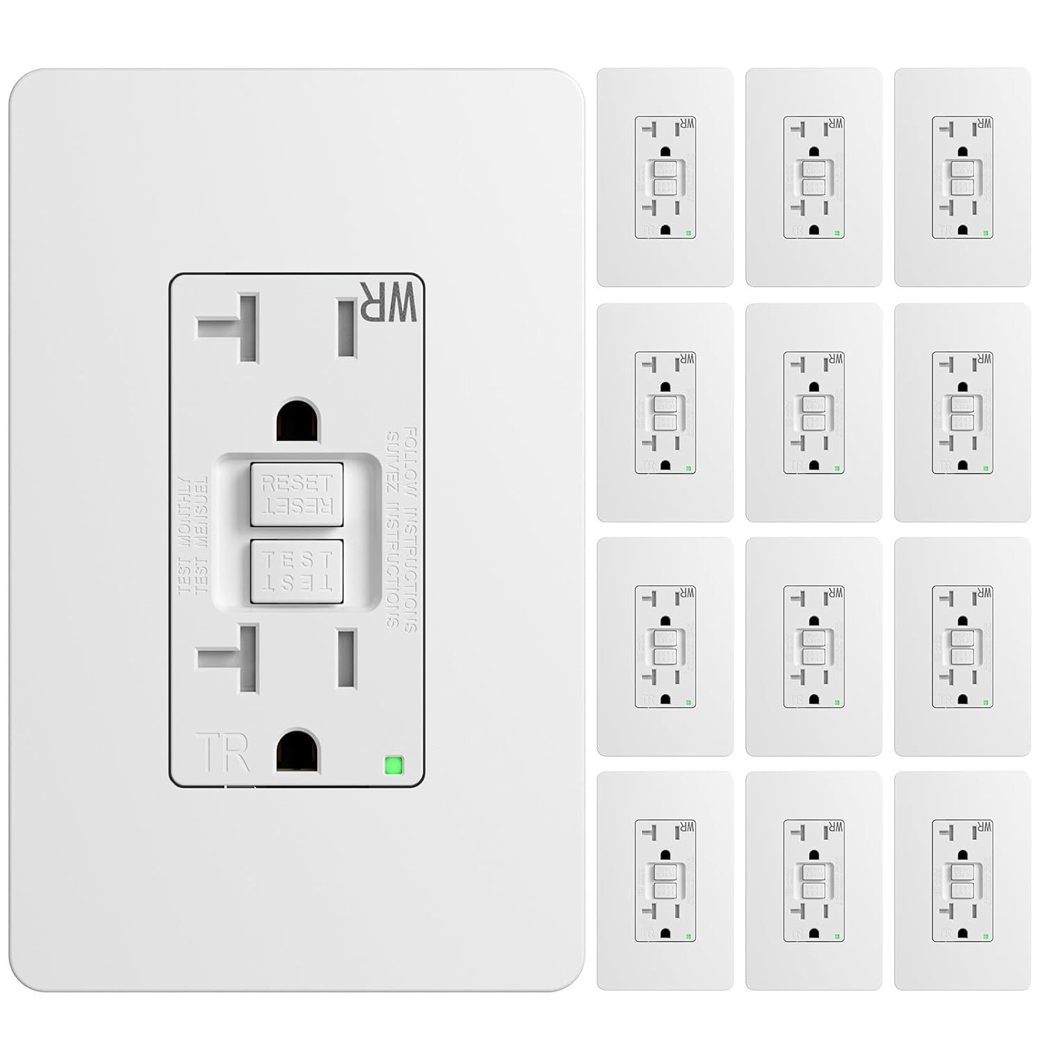 12 Pack GFCI Outlet 20 Amp, with Wall Plate and Thinner Construction, LED Power