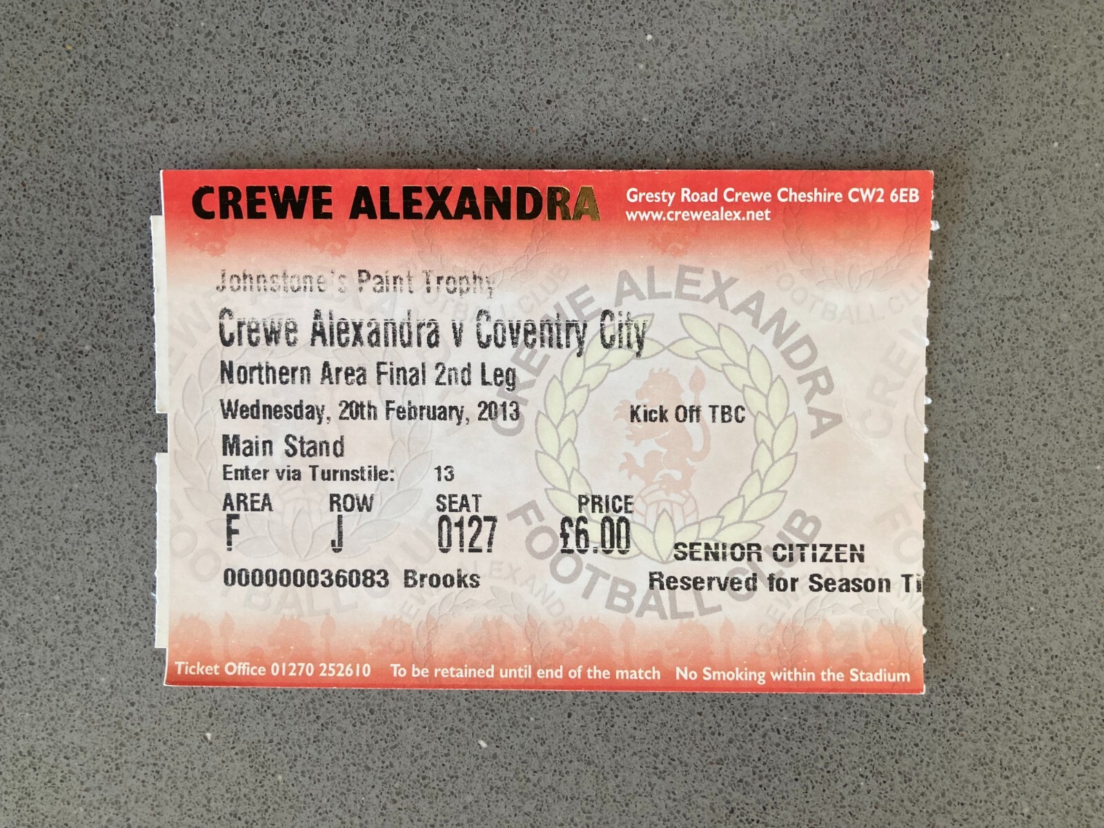 Crewe Alexandra v Coventry City 2012-13 Match Ticket