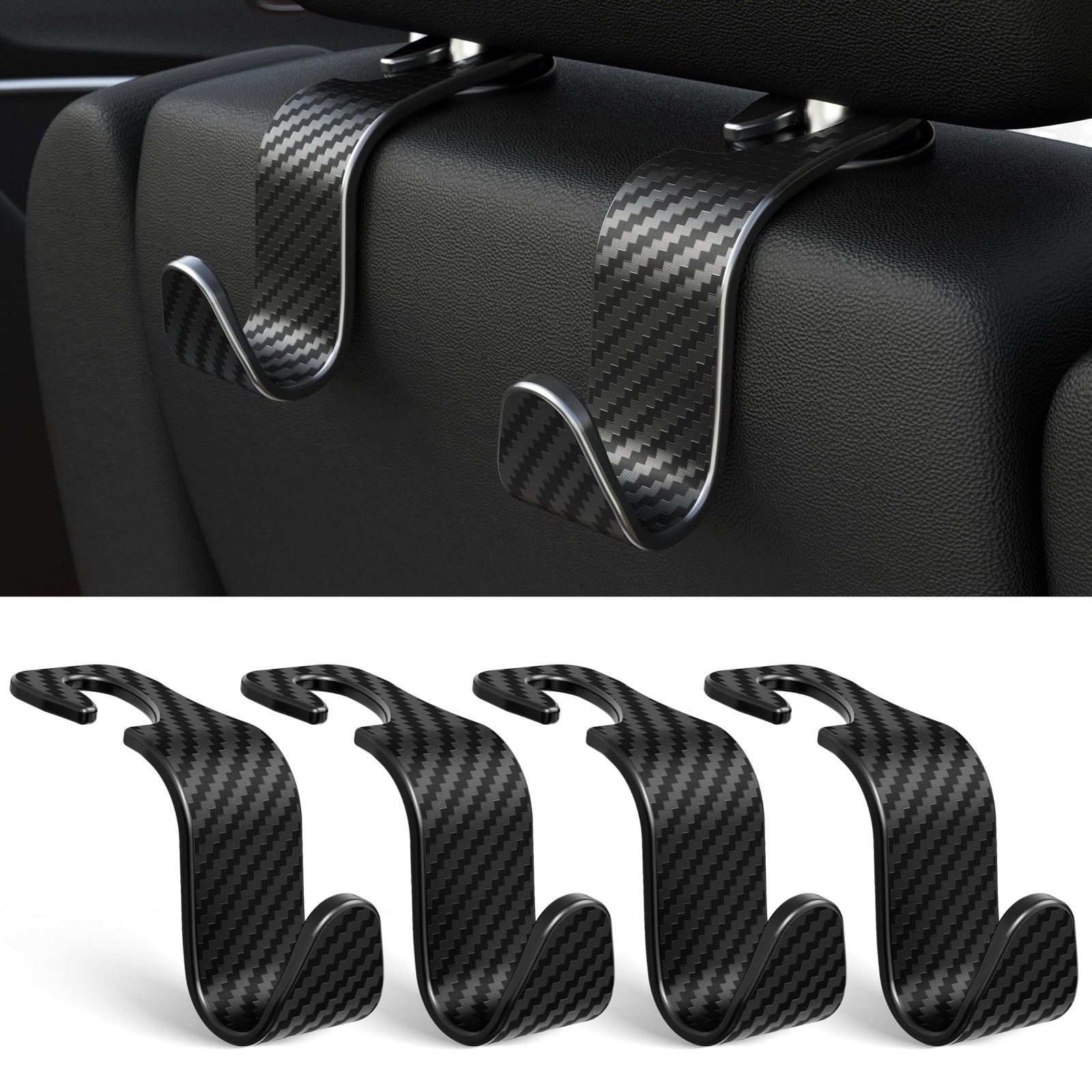 Amooca 4-Pack Car Headrest Hooks Vehicle Storage Organizer Black Checkered