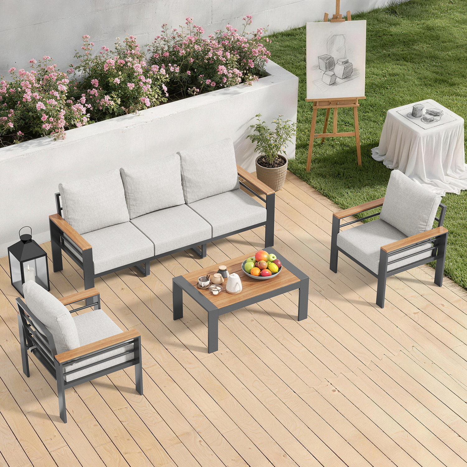 4-Piece Gray Exposed Tube Patio Sofa Set 2 Single&Double&Table