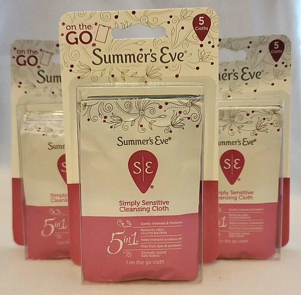 (3) On The Go Summer's Eve Simply Sensitive Cleansing Cloths 5 Pk Travel Wipes