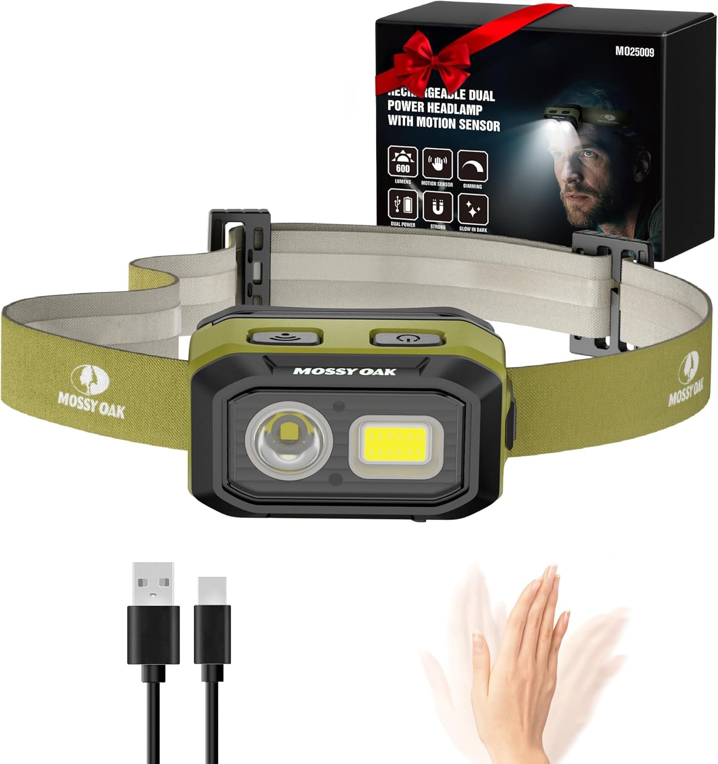 Mossy Oak 600 Lumens LED Headlamp Dual Power Source Motion Sensor Head Light USA