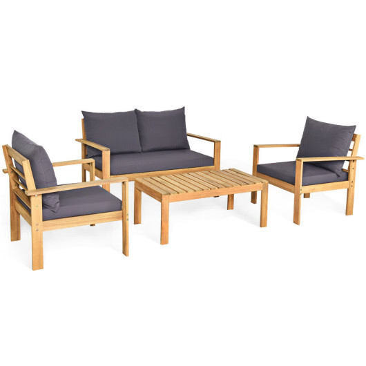 Outdoor 4 Pieces Acacia Wood Chat Set with Water Resistant Cushions-Gray - Color