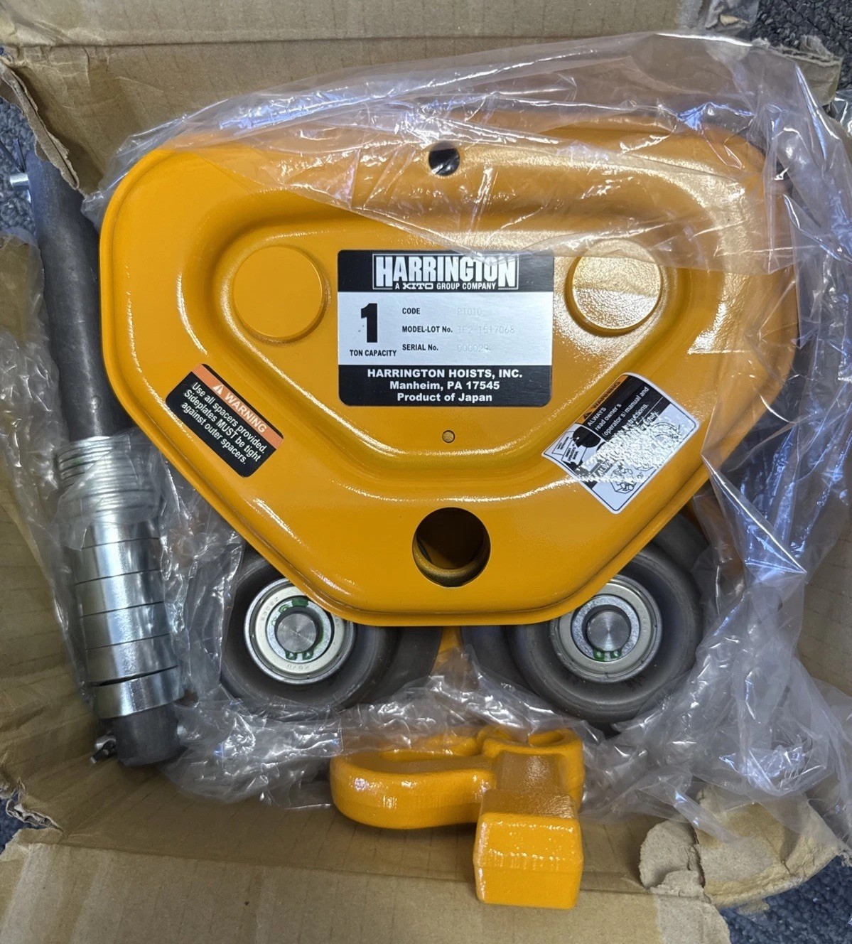 Harrington PTF2010 Push Trolley, 2000 Lb/ 1 Ton, 2 9/32 in – 5 in Beam Flange Wd