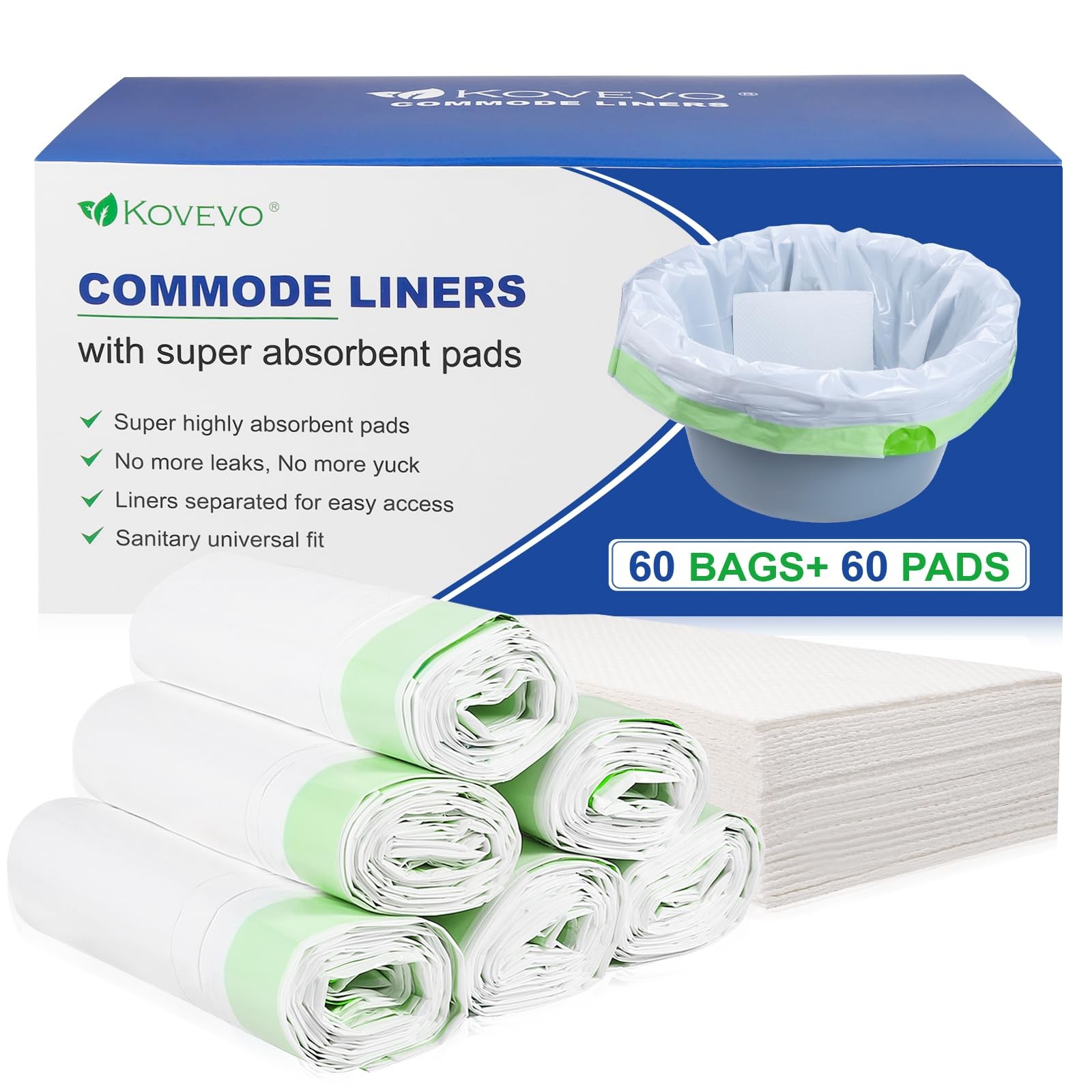 Kovevo 60 Pack Commode Liners with Absorbent Pads, 120 Piece Set, Green-120