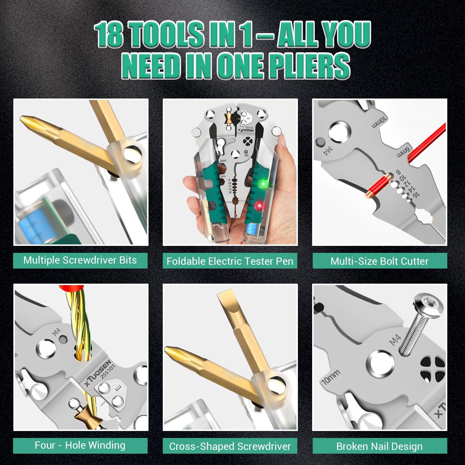 18-in-1 Wire Stripper & Multi-Tool Pliers, Foldable Green and Silver