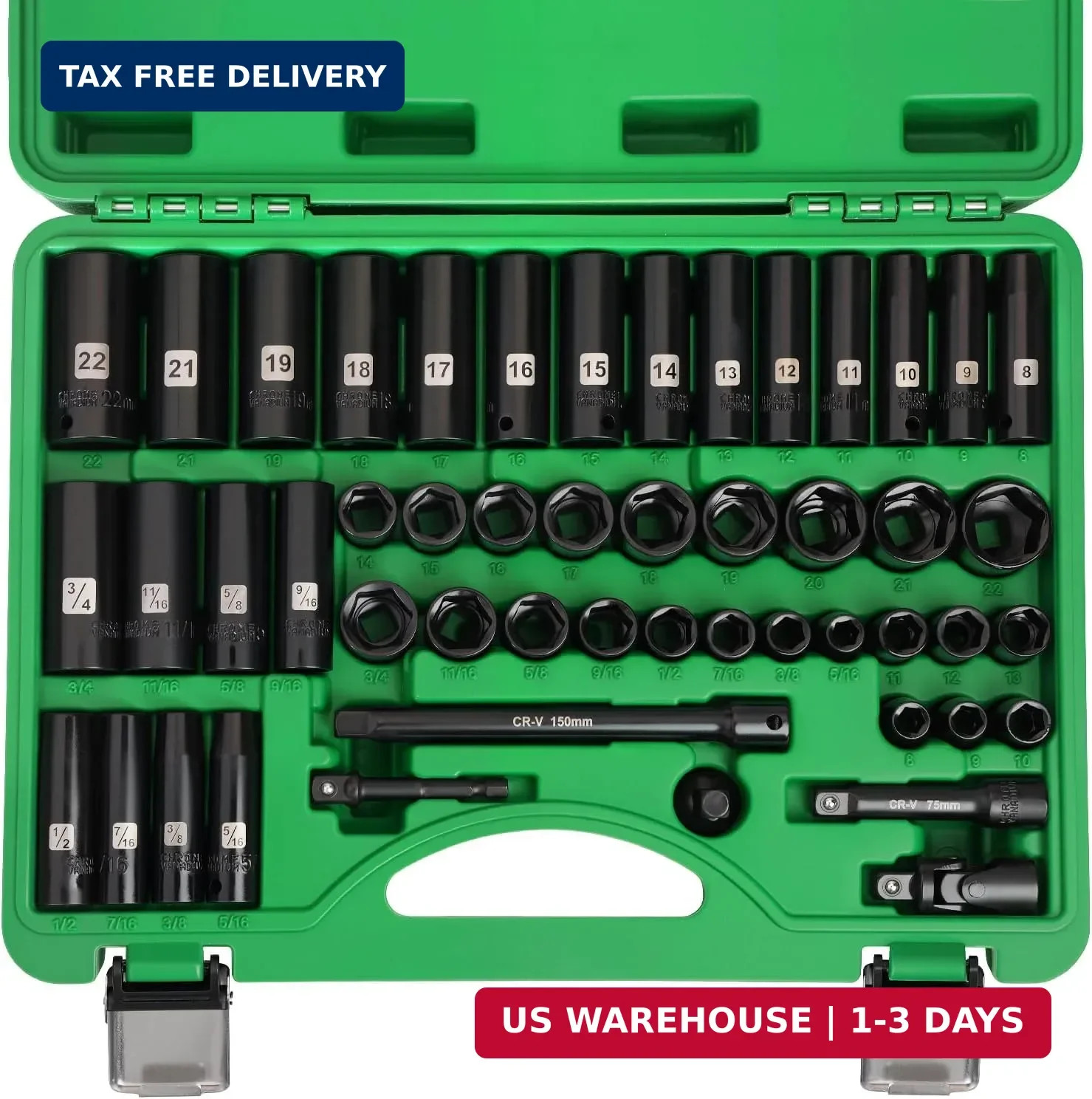 3/8" Drive Impact Socket Set, 50 Piece Standard SAE (5/16 to 3/4 inch) and Metri