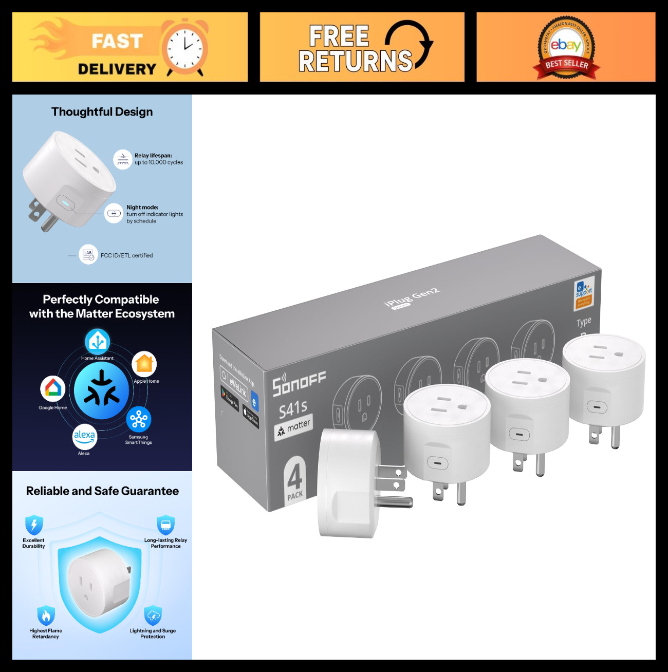 Smart WiFi Plug Outlet 4-Pack, 15A 1800W, Remote Control, Voice & Timer, Alexa/G