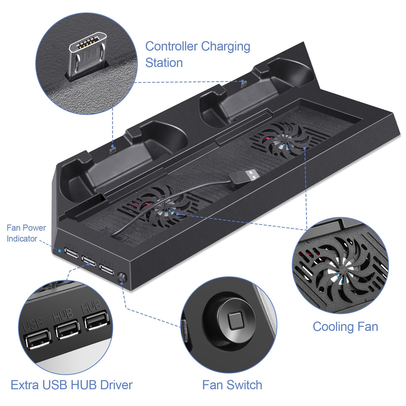 For PlayStation 4 Vertical Stand Cooling Fan Controller Charging Station for PS4