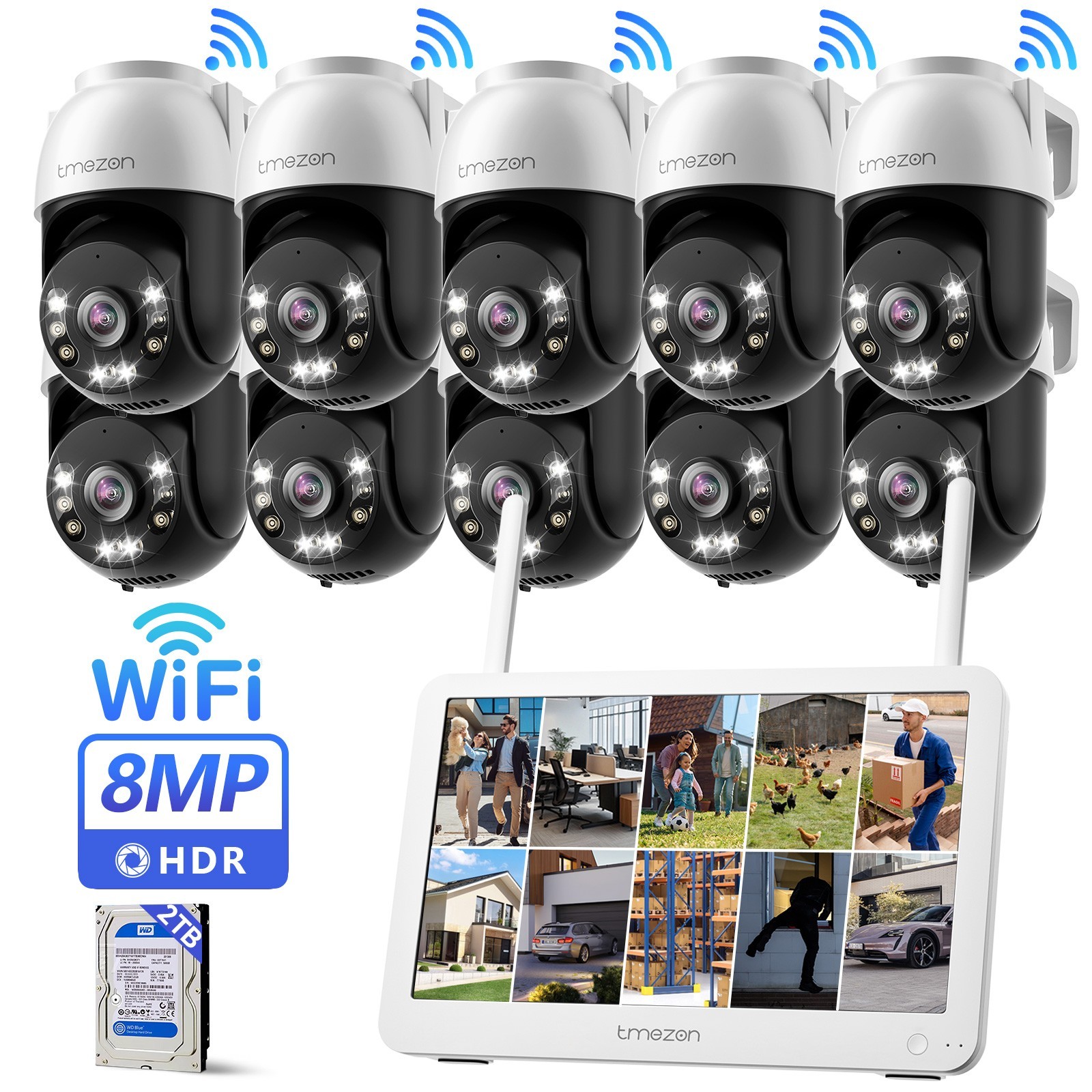 Wireless 8MP Security Camera System 10CH Wifi NVR 12''Monitor 24/7 Recording 2TB