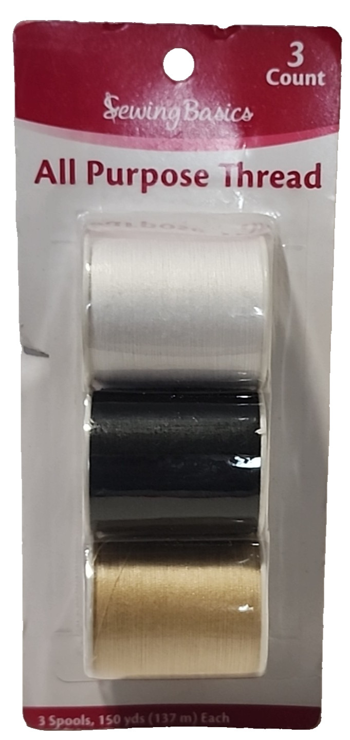 Sewing Basics All Purpose Thread 3 Spool White, Black, Beige 150 Yds Each (T145)