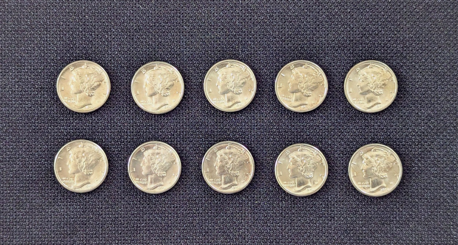 1943 Mercury Dimes – TEN FULL BAND/STRAP, 90% Silver, Nice Uncirculated examples