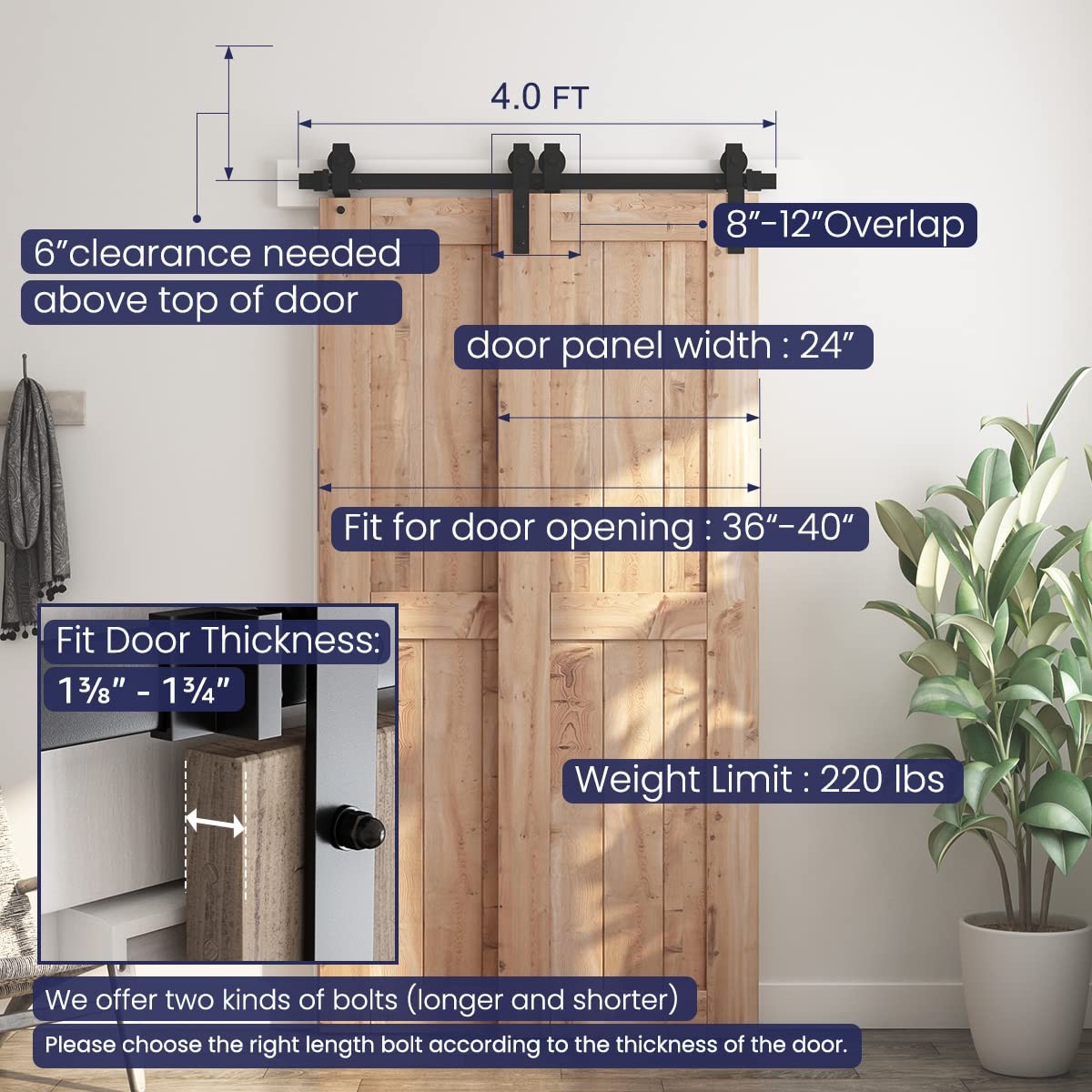 SMARTSTANDARD 4 Feet Bypass Sliding Barn Door Hardware 4 Feet, Matte Black