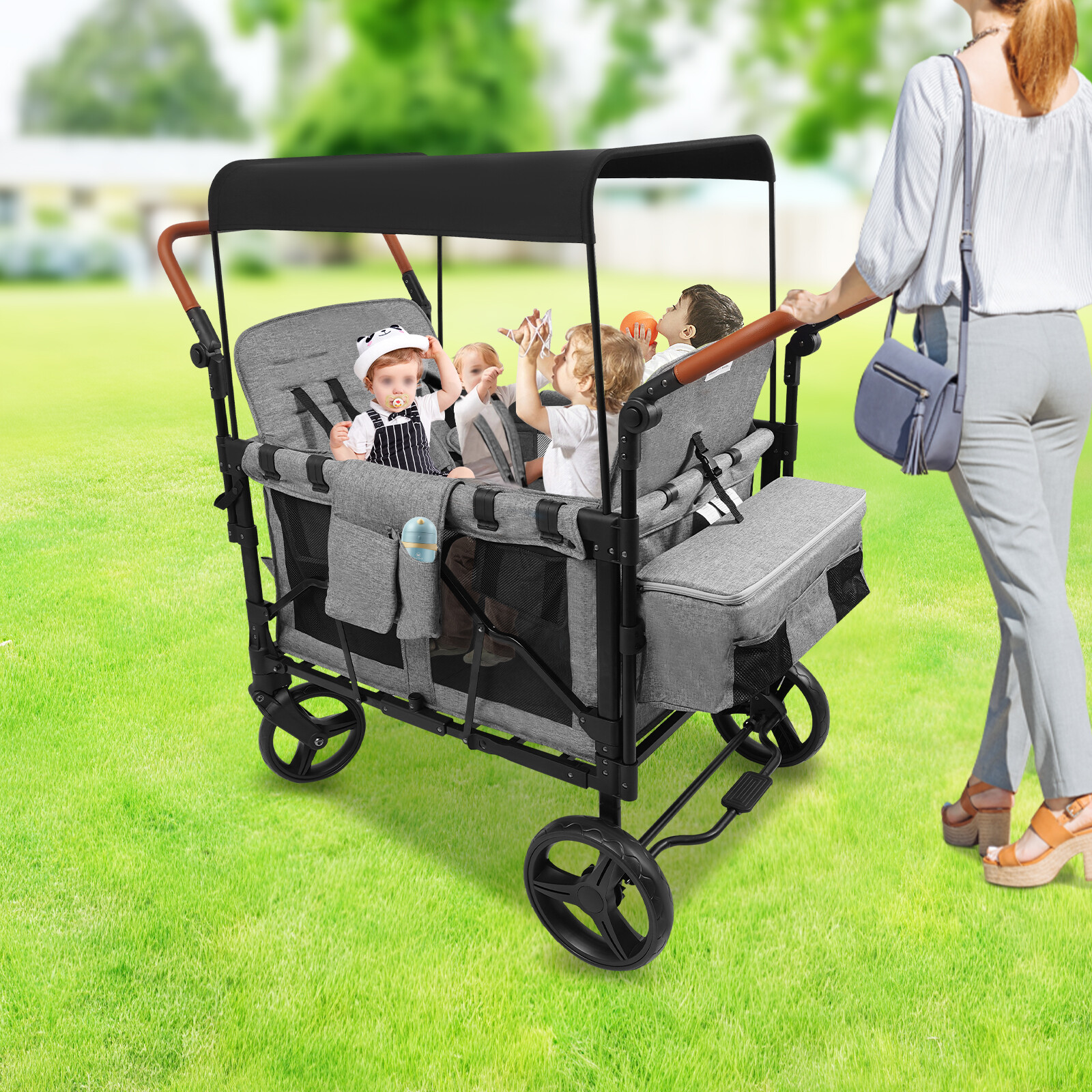 Stroller Wagon for 4 Kids, Wagon Cart Featuring 4 High Seat, Foldable Double
