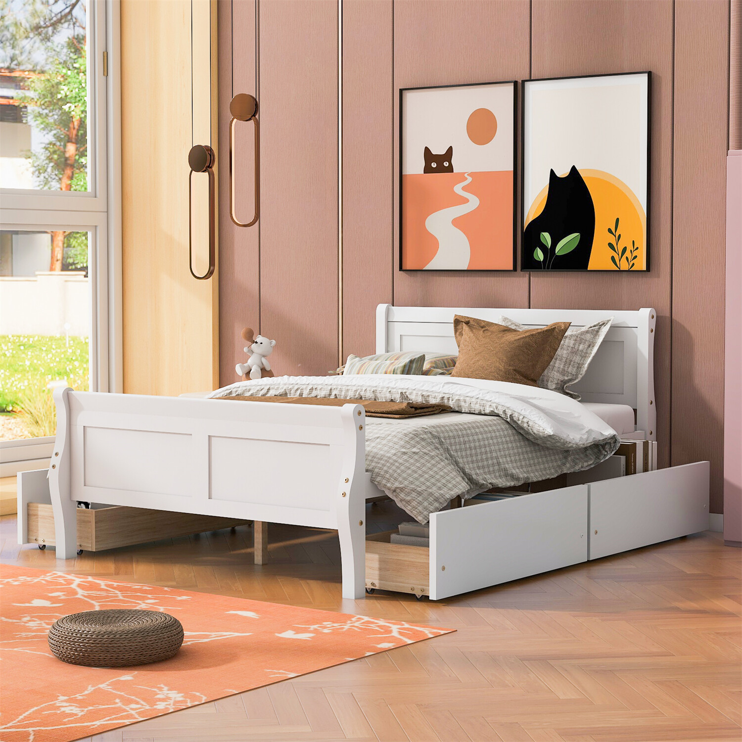 Full Size Bed Frame Wood Platform Bed w/ Headboard & Footboard & 4 Drawers