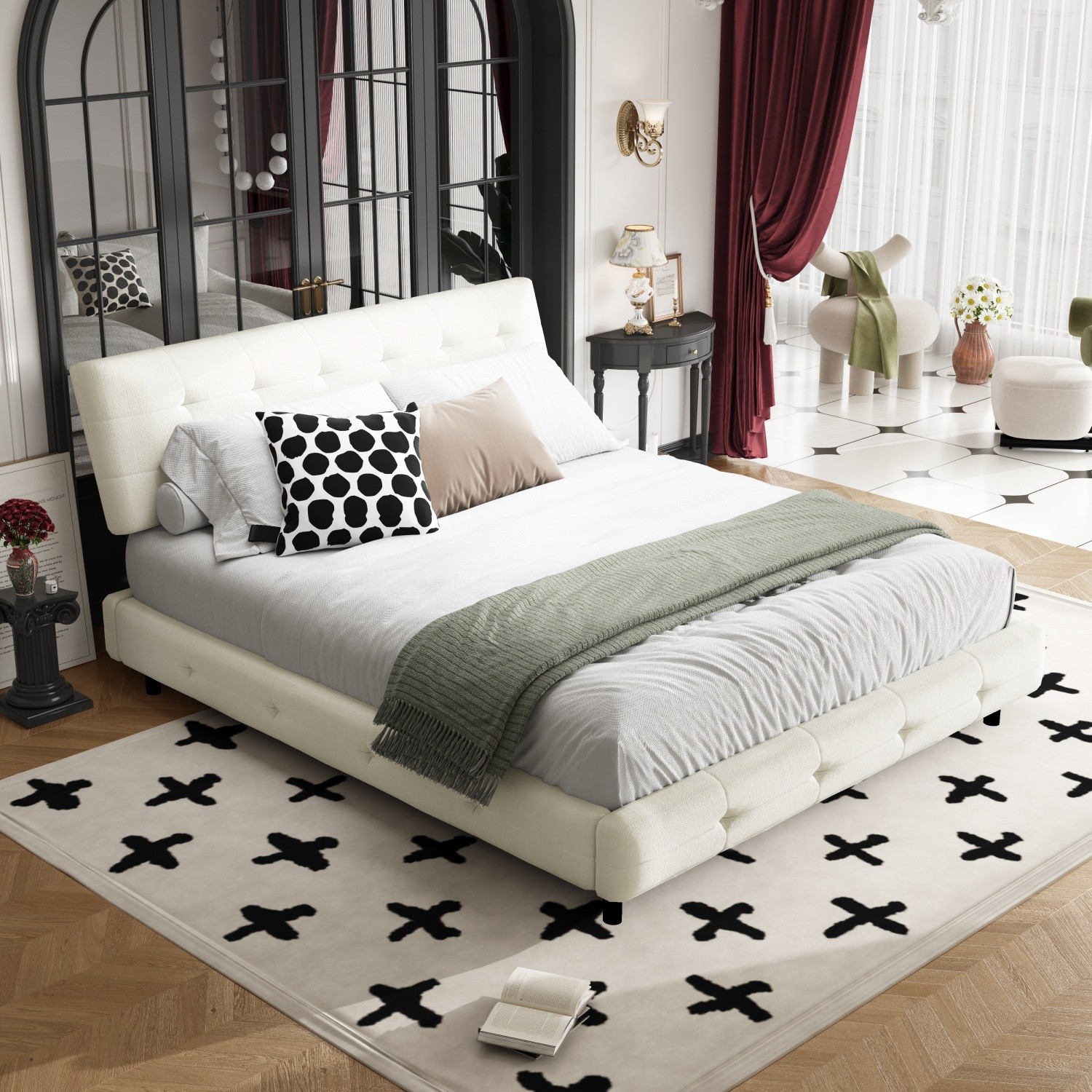 Queen/King Size Modern Upholstered Platform Bed Frame w/ Headboard & Metal Leg
