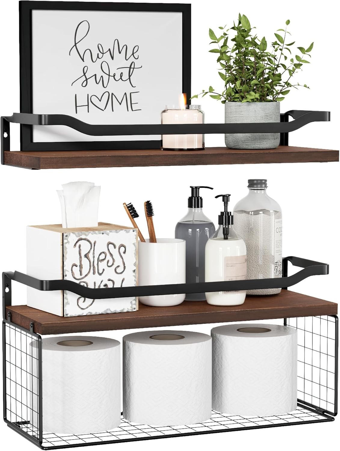 WOPITUES Floating Shelves with Wire Storage Basket, 15.7 inch, Dark Brown
