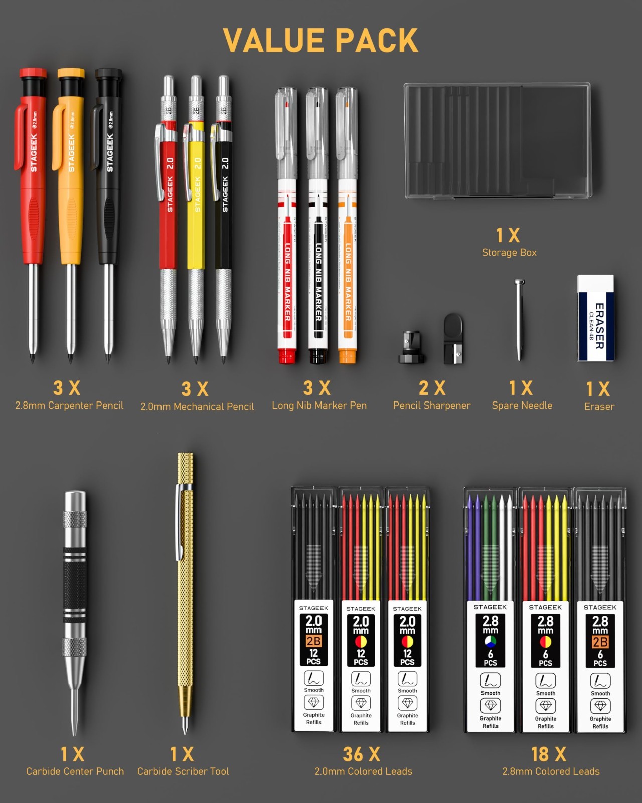 22 Pack Carpenter Pencil Set with Sharpener, 60 Refills, Long-Nib Marker & Scrib