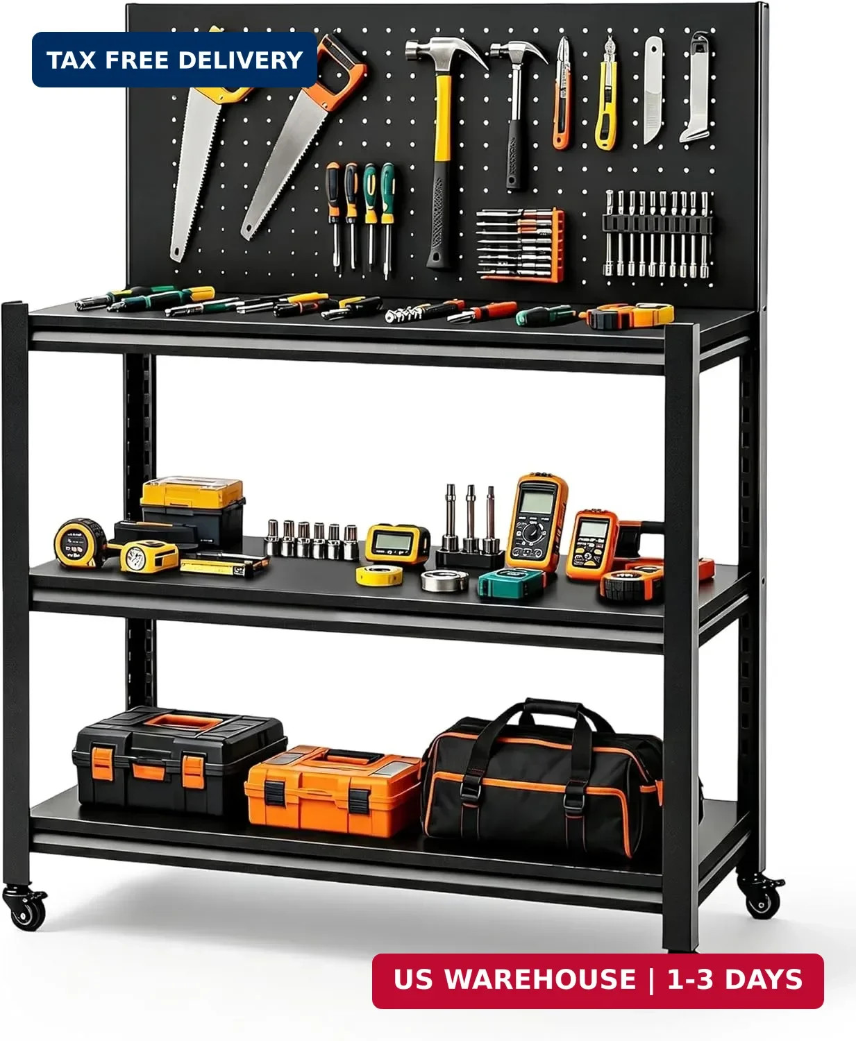 52" Mobile Garage Work Bench Table, Lockable Wheels, Pegboard | Heavy D