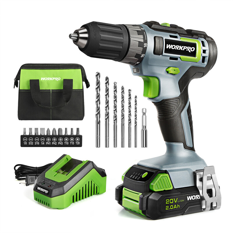 WORKPRO 20V Cordless Compact Drill Driver Kits 3/8'' Keyless Chuck 2.0Ah Battery
