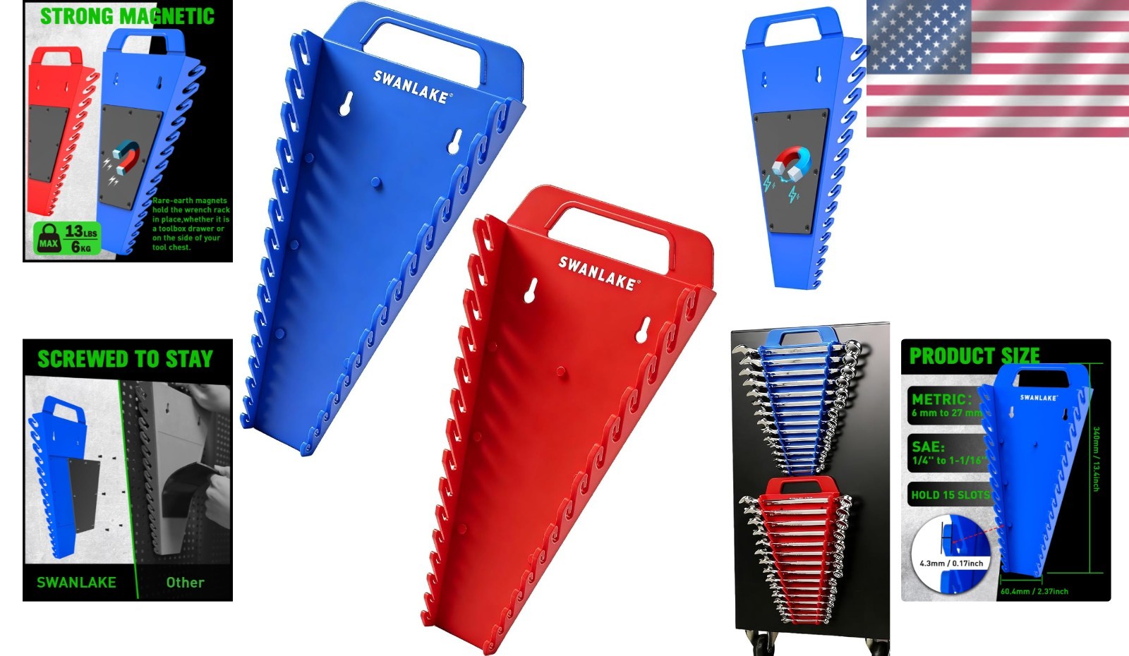Compact and Color-Coded Wrench Organizer - 2-Pack for 30 Tools - Magnetic