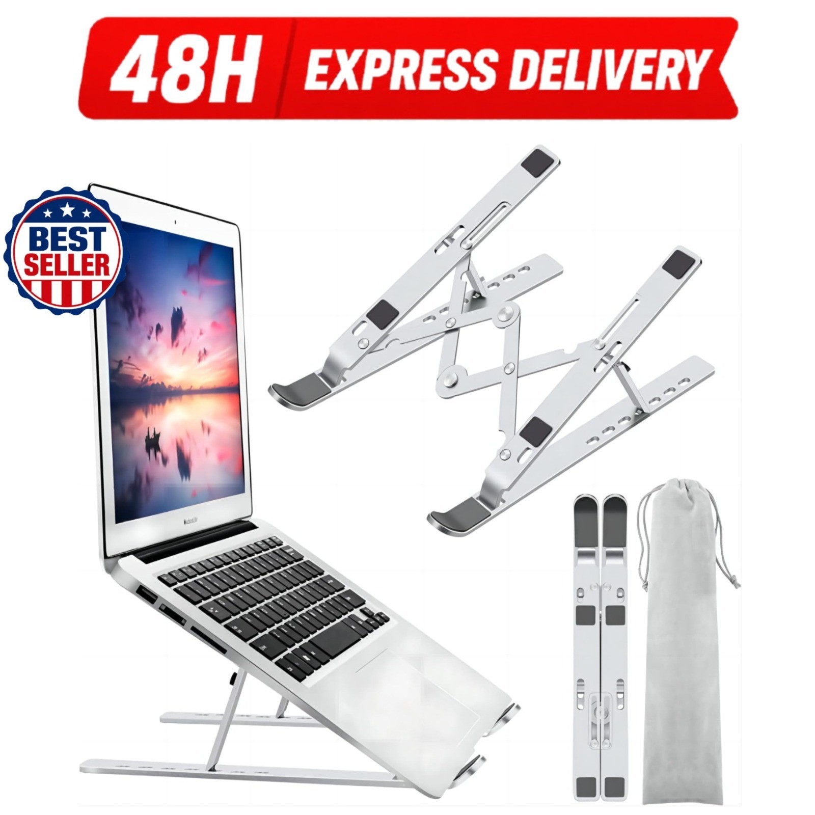 Leeboom Adjustable Laptop Stand, Foldable Aluminum Riser, Silver