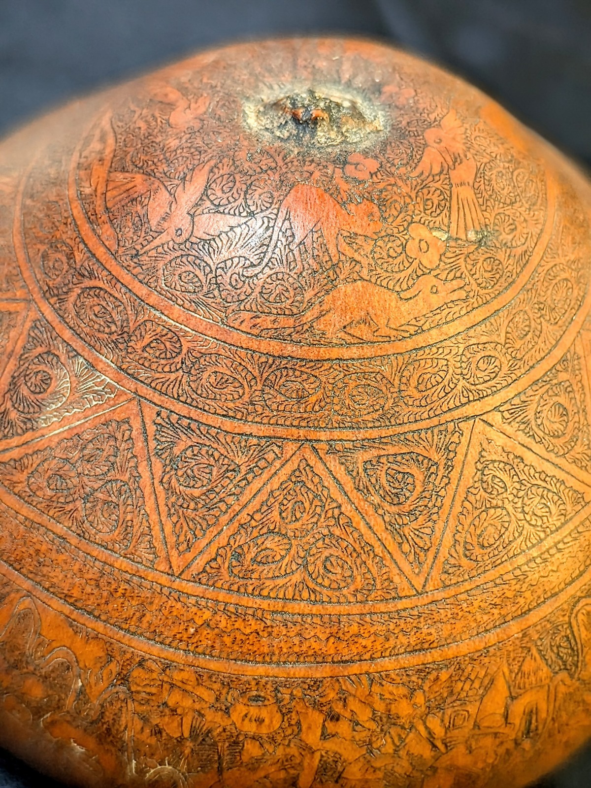Vintage Peruvian Mate Burilado Hand Carved Gourd Intricate Village Life Art