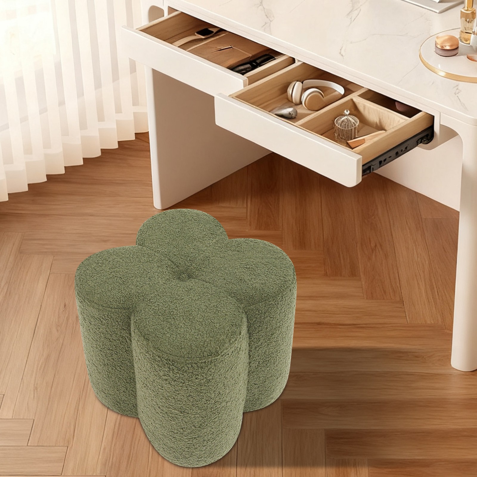 Modern Flower Pouf Ottoman Smooth Puff Foot Rest  Teddy Fleece Vanity Stool