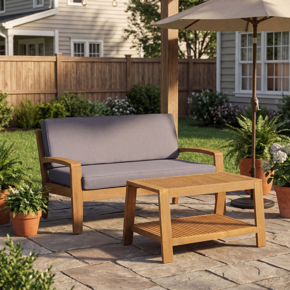 Teak Loveseat & Coffee Table Set w/ Gray Cushions, 350lb Capacity