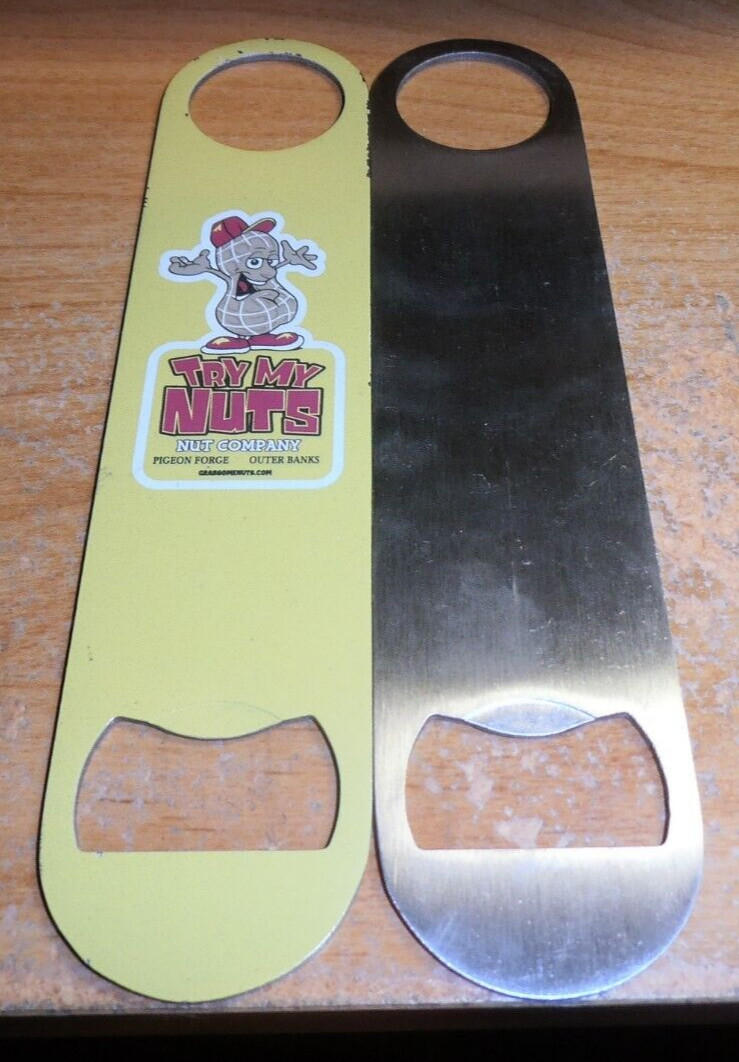 TWO (2) New Try My Nuts Nut Company bottle openers Metal - one sided
