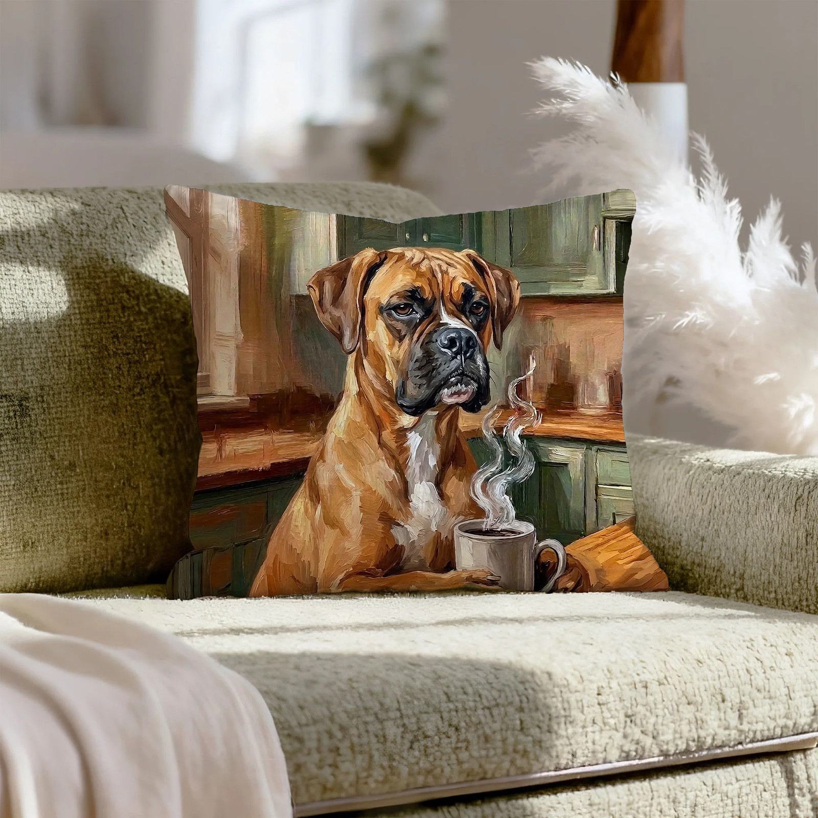 "Before Coffee" - Boxer Pillow Cover - Dog Lover Home Decor