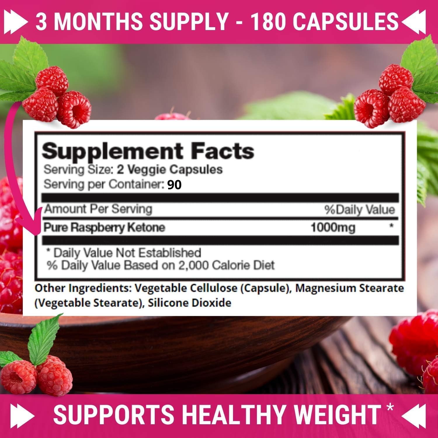 Pure 100% Raspberry Ketones Max 1000mg Per Serving, Weight Loss Support, 180Caps