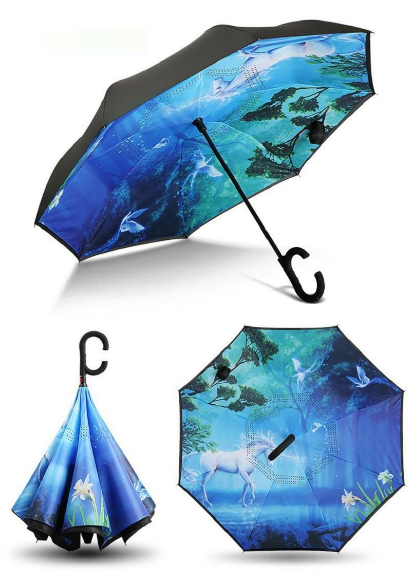 C-Handle Inverted Reverse Umbrella, Unicorn print (Inside-out, Upside-down)
