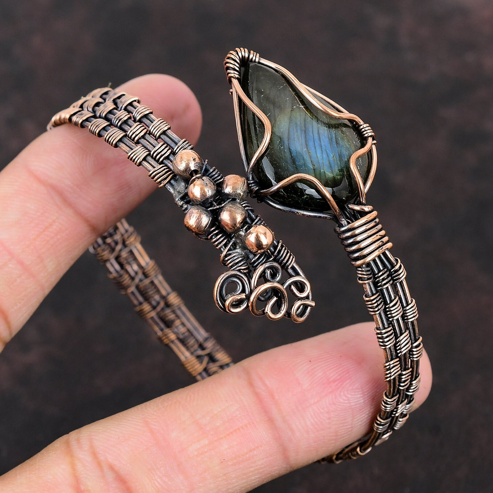 Labradorite Wire Wrapped Adjustable Cuff Handcrafted Copper Ethnic Gift Jewelry