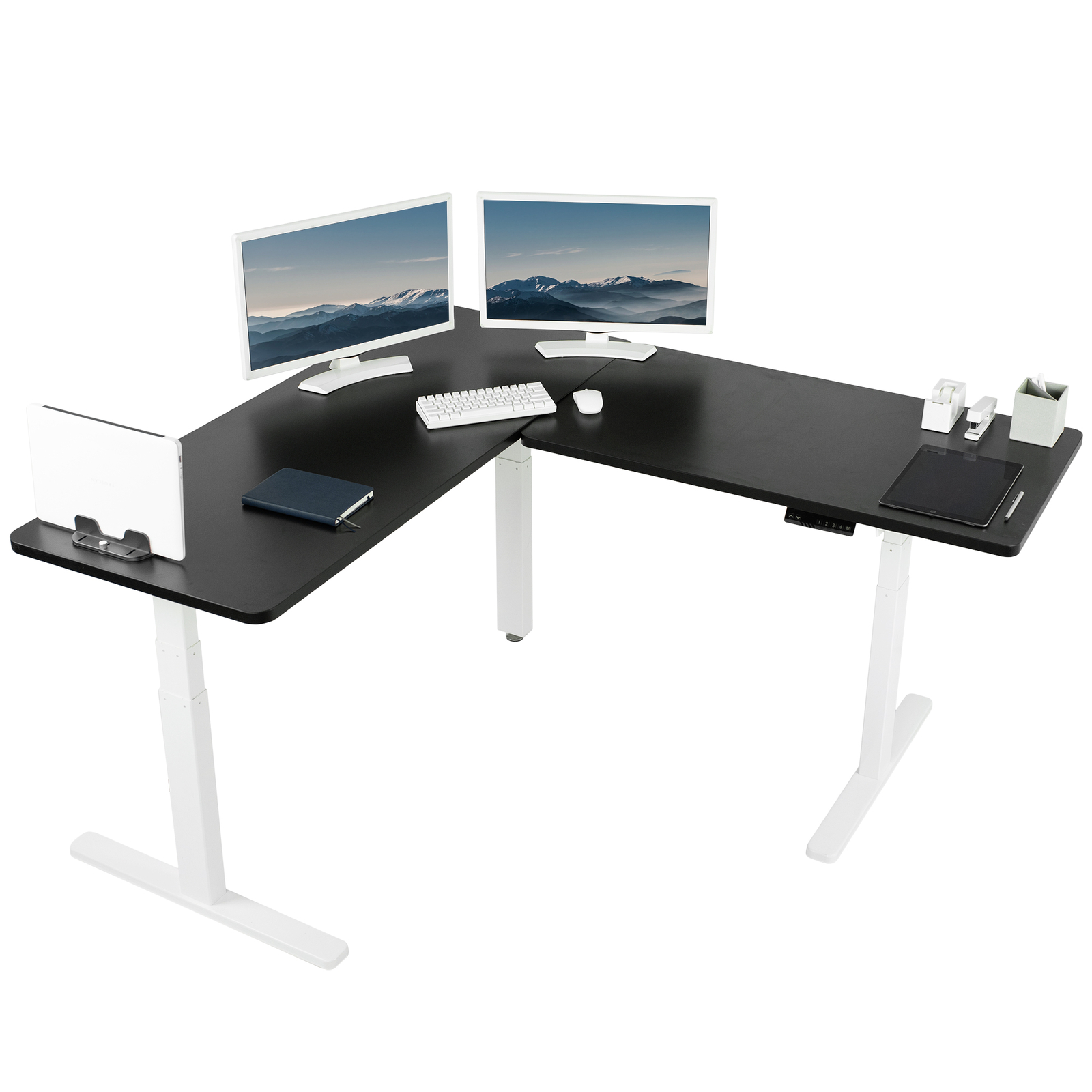 VIVO Electric Stand Up Corner Desk, Black Table Tops, White Frame