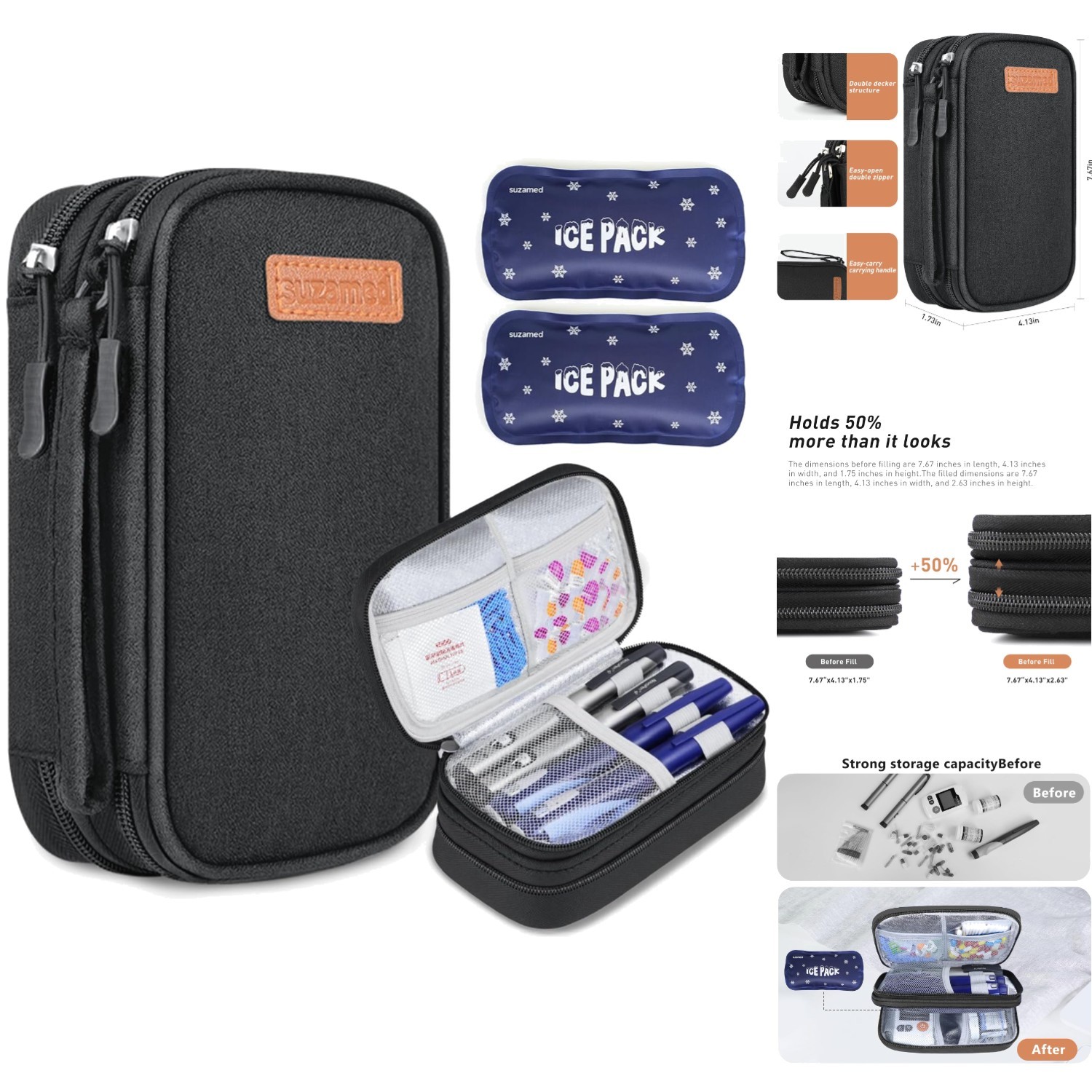 Insulin Cooler Travel Case Double Layer Medicine Bag with 2 Ice Pack TSA Approve