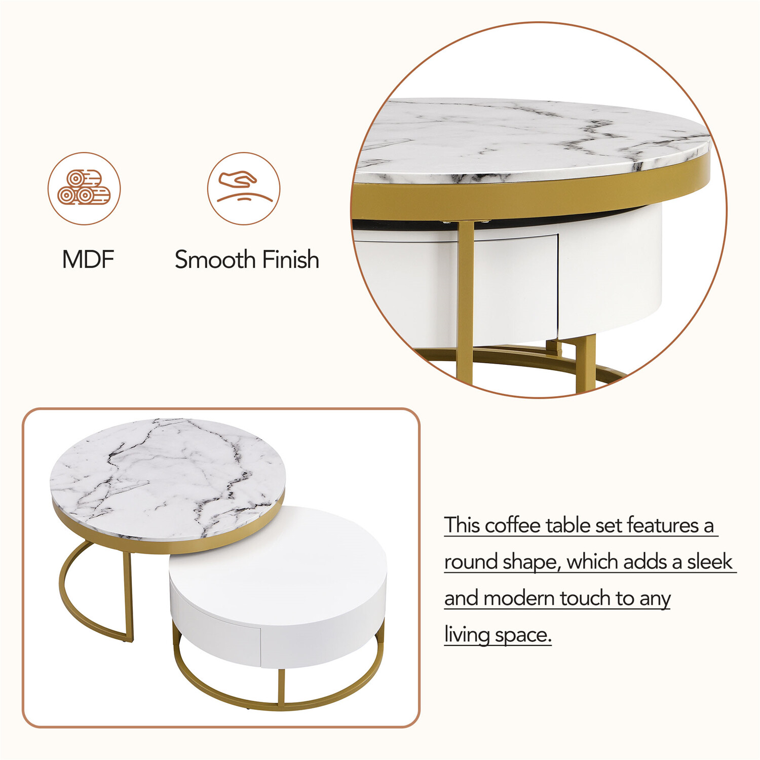 Modern Round Nesting Coffee Table Center Cocktail Table End Table w/ 2 Drawer
