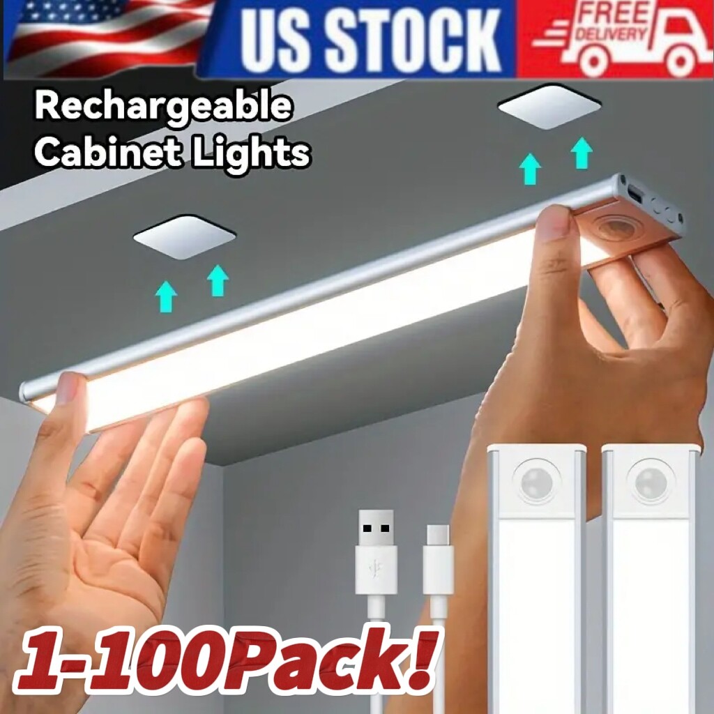 LED Motion Sensor Under Cabinet Closet Light USB Rechargeable Kitchen Lamp Strip