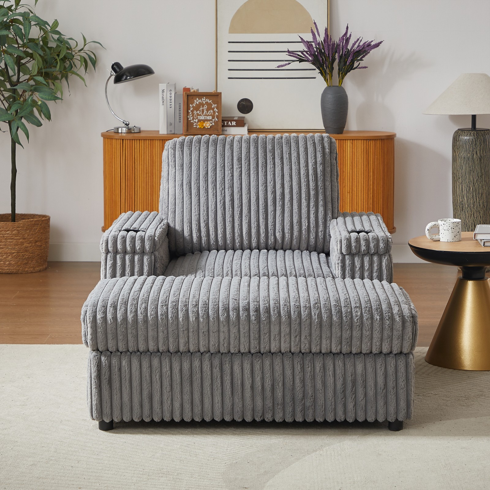 42.5-inch corduroy single recliner with backrest pillow, cup holder design, sto